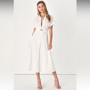 Lulu’s Palermo Perfection White Collared Midi Dress with Pockets